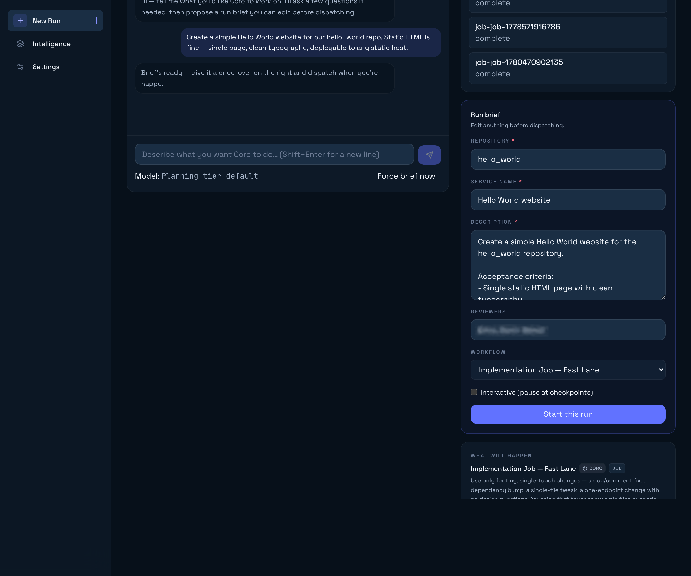 Coro plan mode — chat and run brief