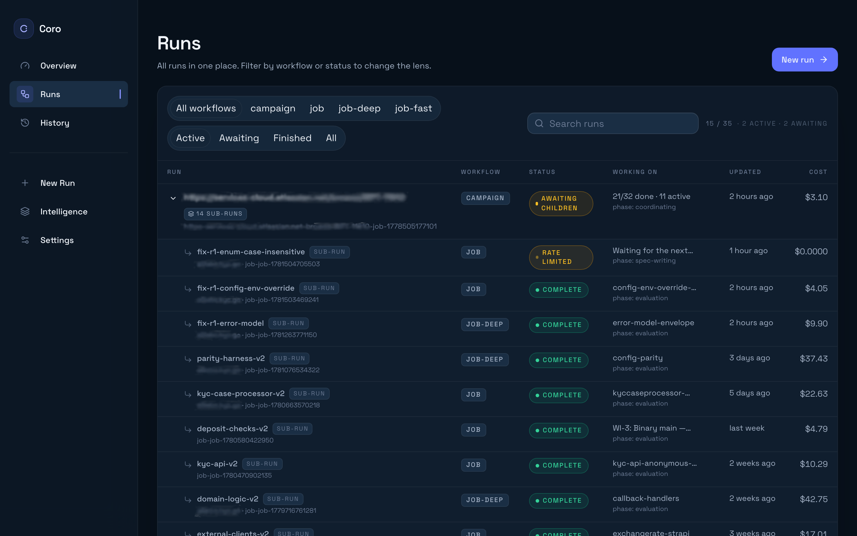 Coro Runs dashboard