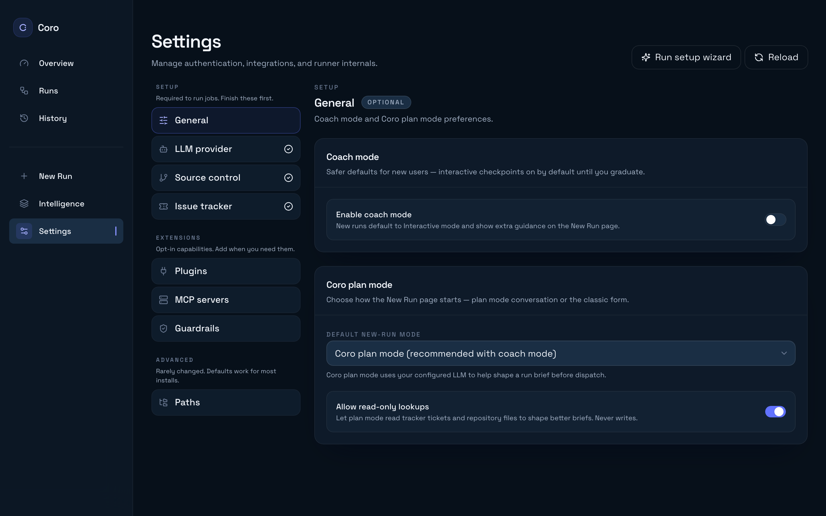 Coro Settings overview